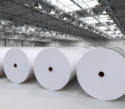 3d rendering white large paper rolls in factory